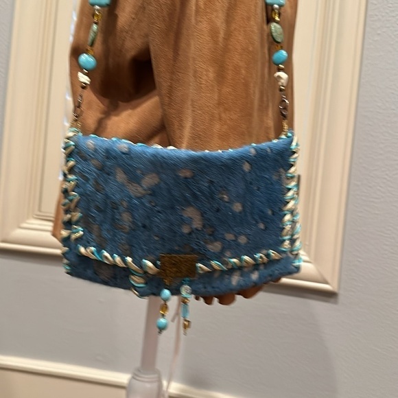 Handmade Genuine Hair-on-calf hide Cowprint & turquoise cross Bag - Picture 1 of 10